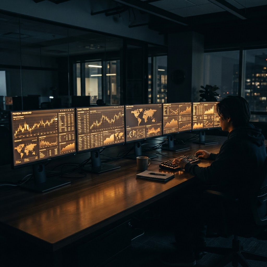 Fileira de monitores exibindo dashboards de dados em um escritório escuro