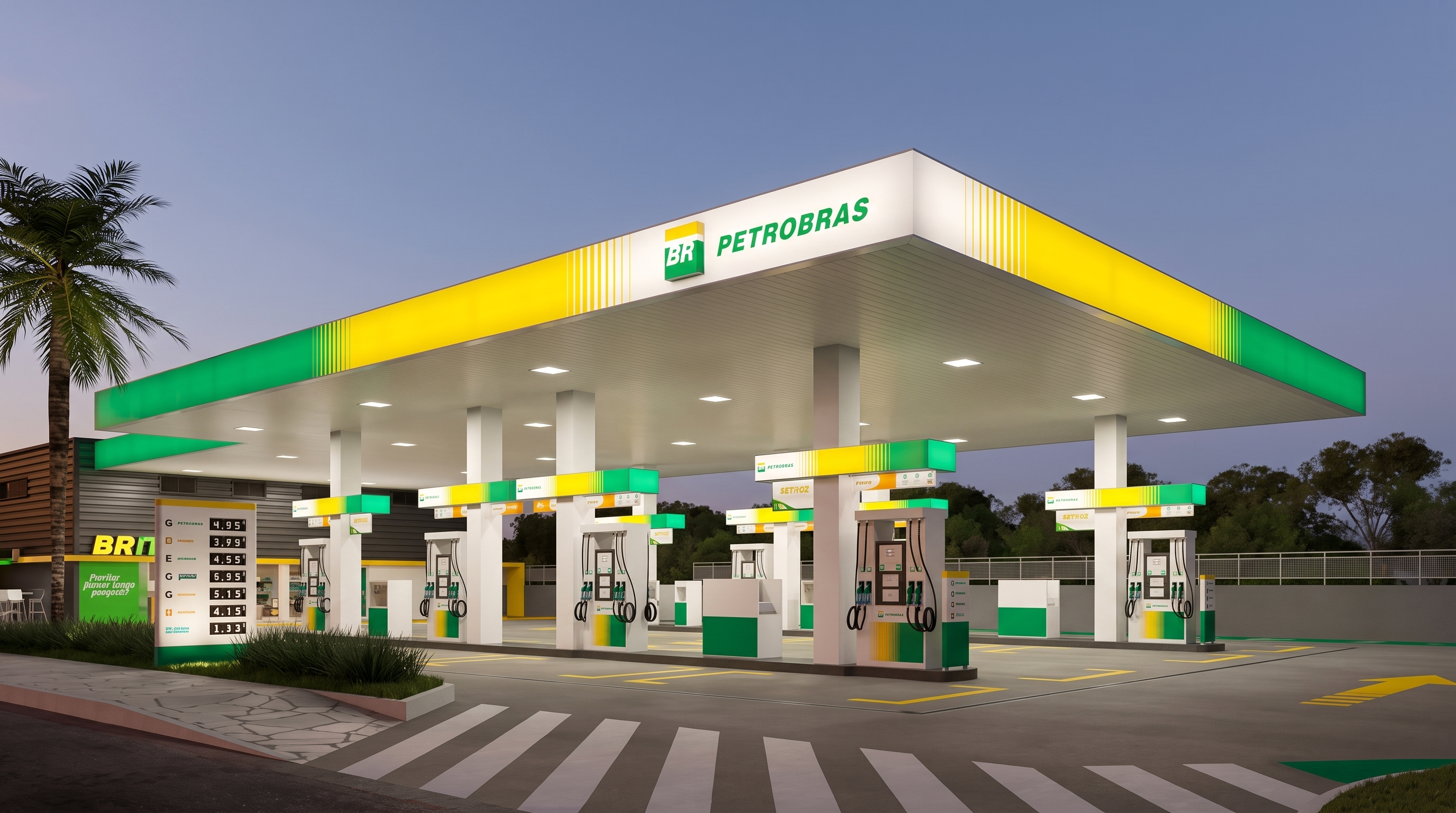 Posto de gasolina moderno ao entardecer